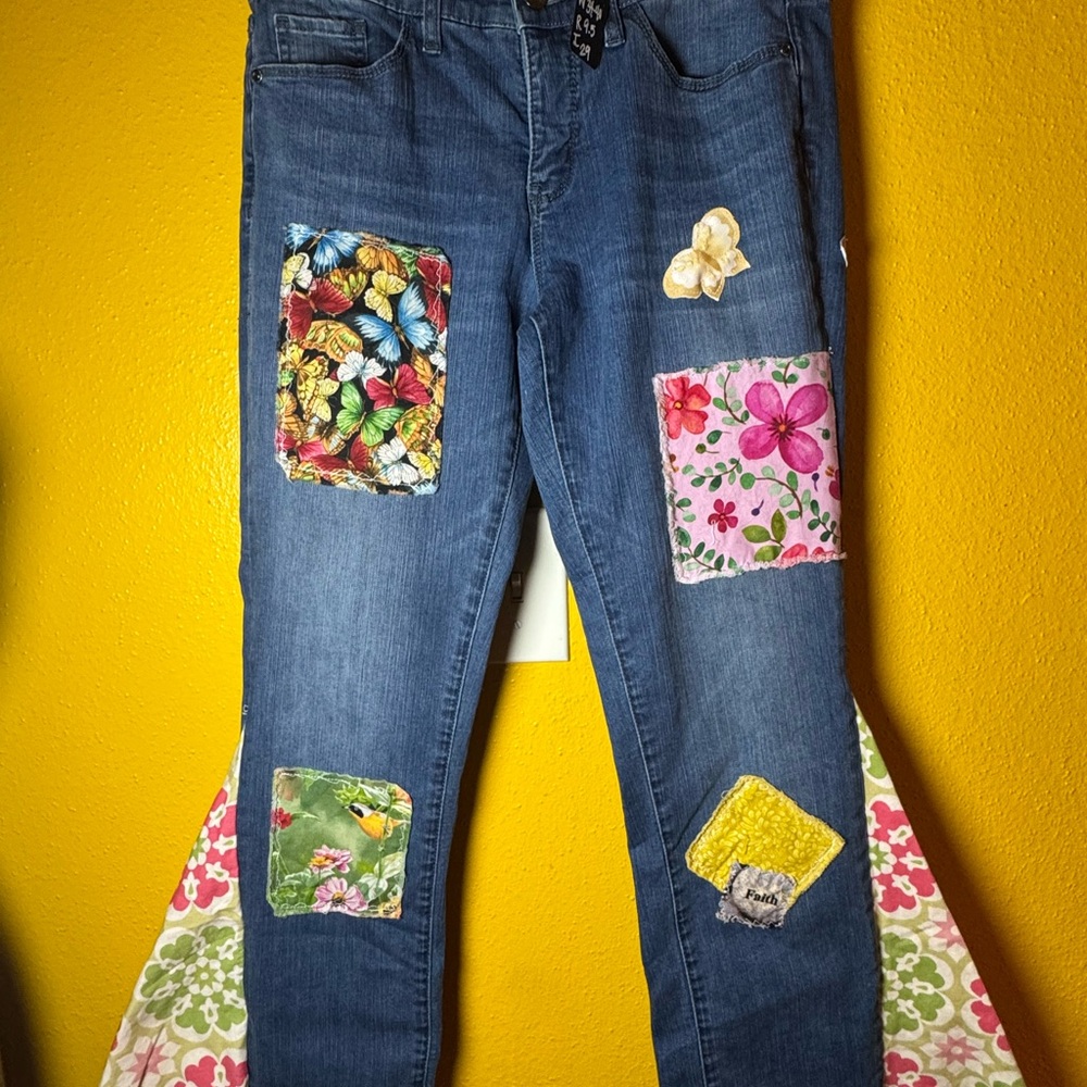 Upcycled Stylish Blue Patchwork bell Jeans